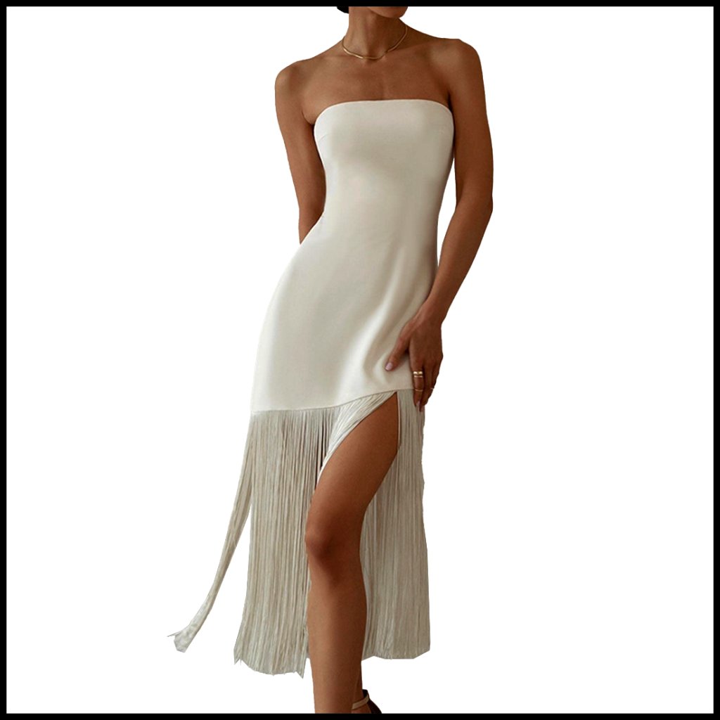 Elegant Strapless Tassel Tube Dress Off Shoulder Bodycon Midi Party Wear